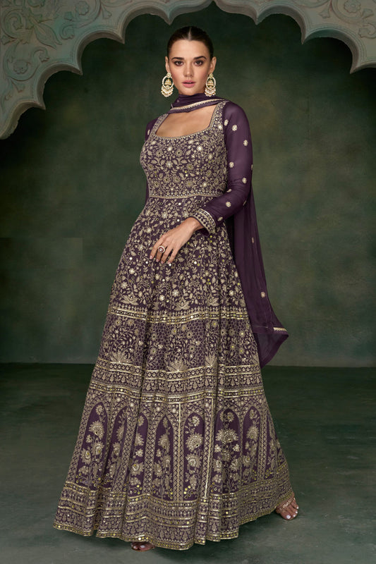 Purple Georgette Floor Full Length Embroidered Anarkali Gown For Indian Festivals & Pakistani Weddings - Embroidery Work