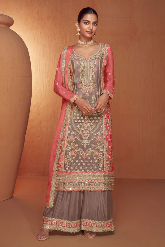 Grey Chinon Traditional Plazo Suits For Pakistani Festivals & Indian Wedding - Embroidery Work