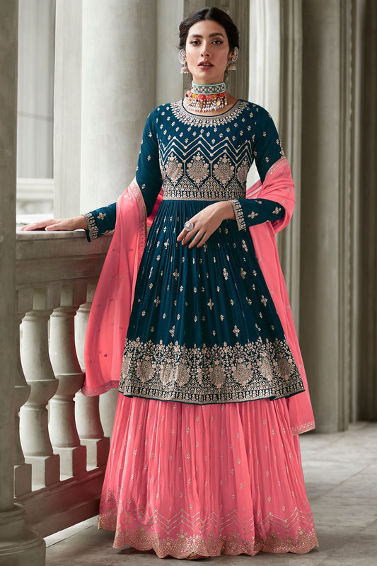 Teal Pakistani Georgette Salwar Kameez For Indian Festivals & Weddings - Thread Embroidery Work,