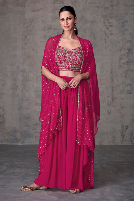 Pink Georgette Plazo Suit For Indian Festivals & Pakistani Weddings - Embroidery Work