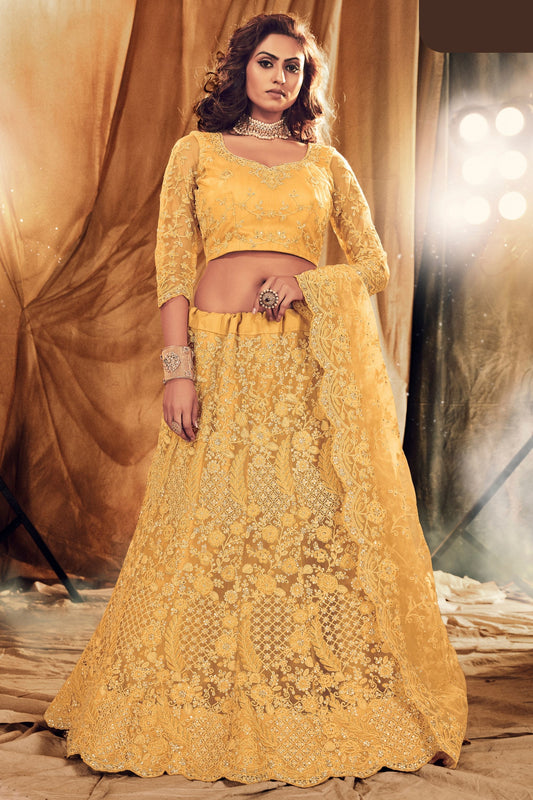 Yellow Pakistani Net Lehenga Choli For Indian Festivals & Weddings - Thread Embroidery Work,