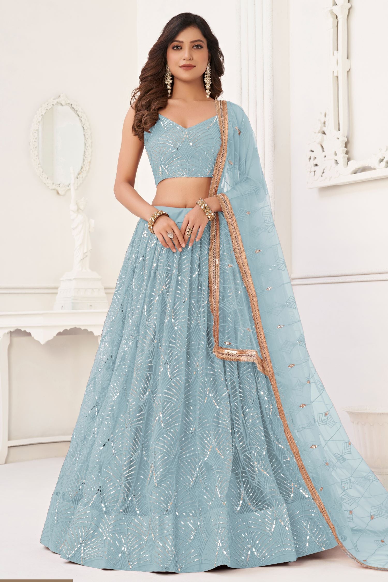 Buy Lengha Dress for Engagement in Sky Blue Net Fabric HATKE BRIDE Buy Lengha Dress for Engagement in Sky Blue Net Fabric HATKE BRIDE