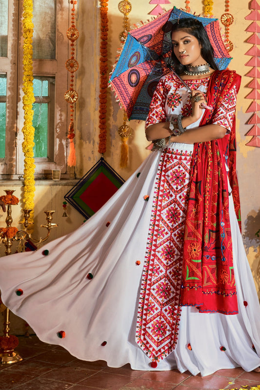 White Indian Cotton Chaniya Choli For Navratri Garba Festivals 8 Meter Flair - Thread Embroidery Work, Mirror Work, Print Work, Aari Work