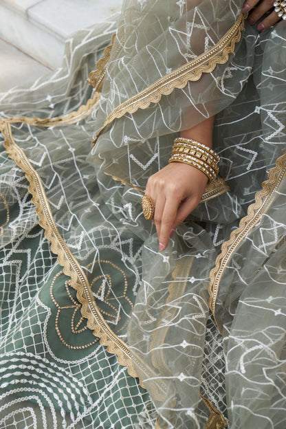 Dusty Green Net Embroidered Lehenga Choli For Indian Festival & Weddings - Thread Embroidery Work, Sequence Embroidery Work