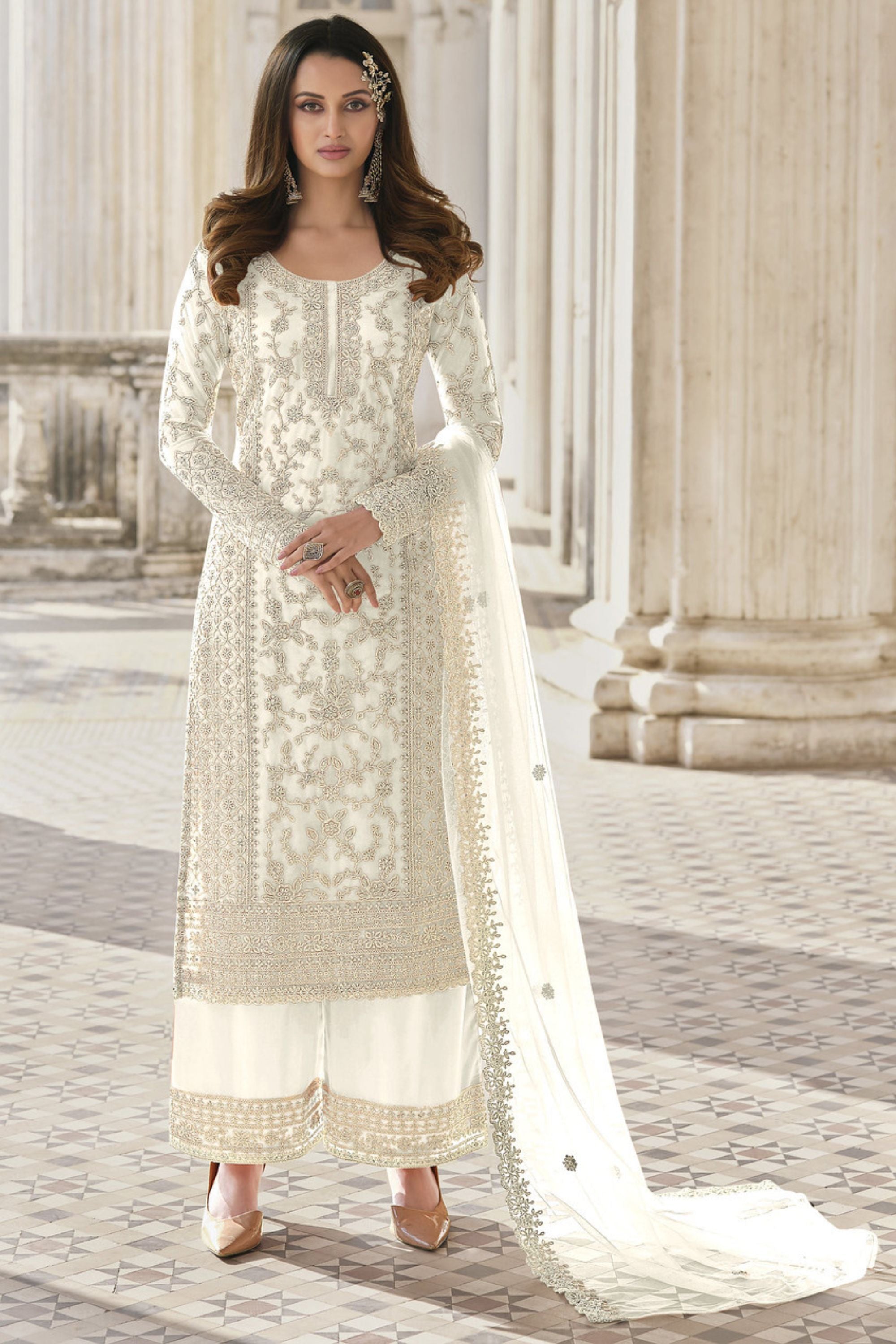 White Net Kameez Plazzo Suit For Indian Wedding & Pakistani Festival Dress - Embroidery Work - 50 White Net Kameez Plazzo Suit For Indian Wedding & Pakistani Festival Dress - Embroidery Work - 50