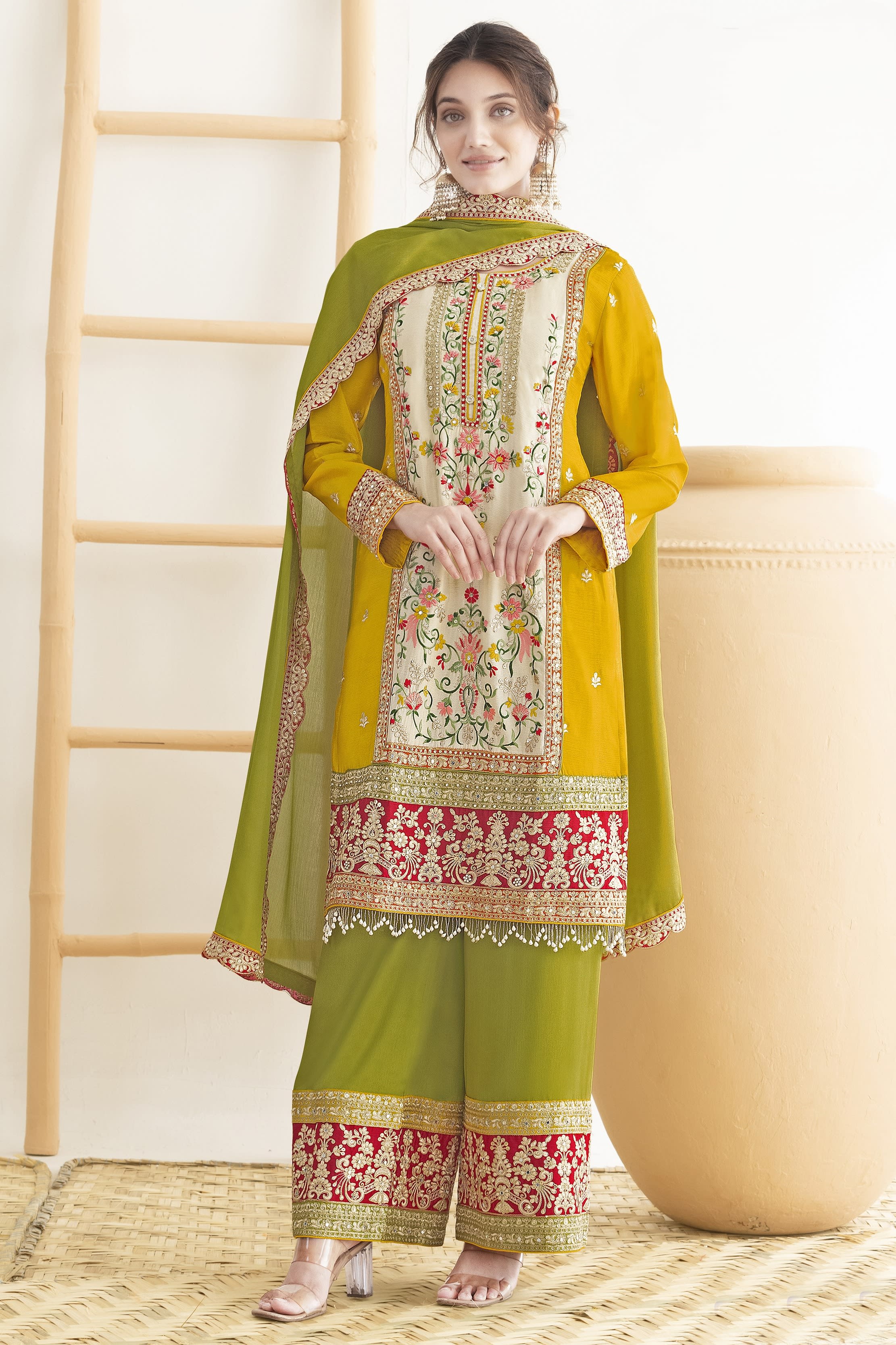 Yellow Chinon Silk Haldi Palazo Suit Dress For Indian & Pakistani Wedding Festival - Real Mirror Work, Sequence Embroidery Work, Dori Work 36 Yellow Chinon Silk Haldi Palazo Suit Dress For Indian & Pakistani Wedding Festival - Real Mirror Work, Sequence Embroidery Work, Dori Work 36