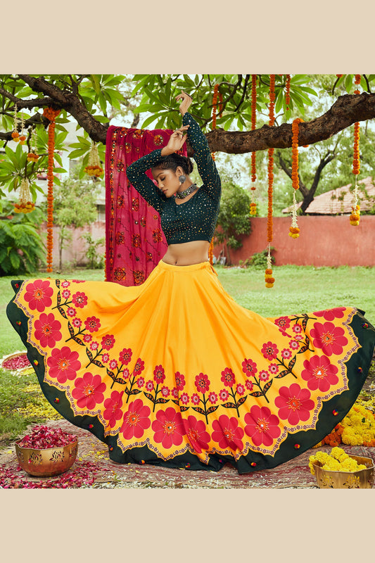 Yellow Cotton Chaniya Choli For Navratri Garba Festivals 8 Meter Flair - Aari Work, Mirror Work, Print Work