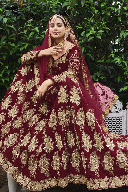 Red Pakistani Bridal Velvet Lehenga Choli For Indian Festivals & Weddings - Thread Embroidery Work, Stone Work, Dori Work