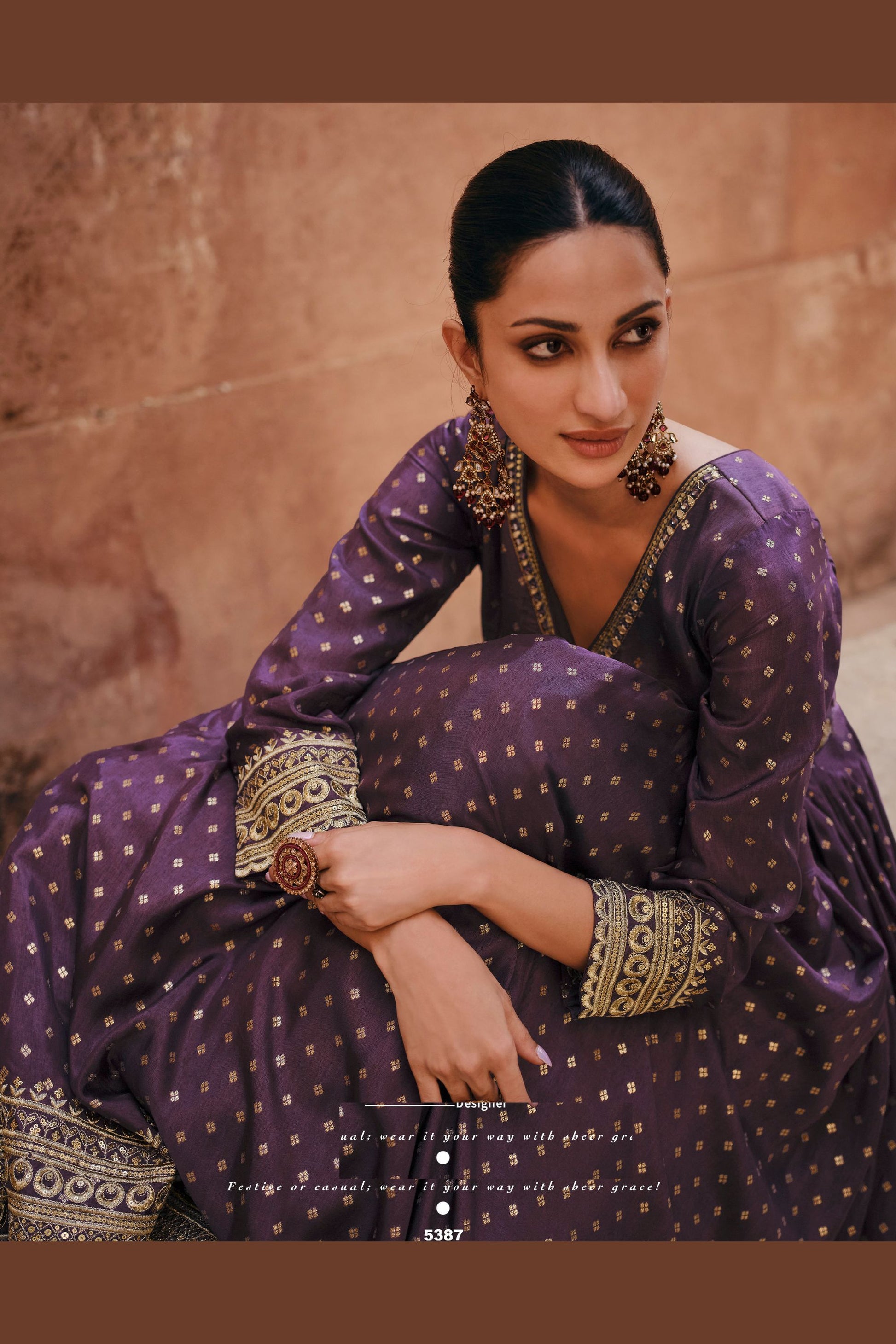 Purple Viscose Silk Jacquard Floor Full Length Anarkali Gown For Indian Festivals & Weddings - Embroidery Work