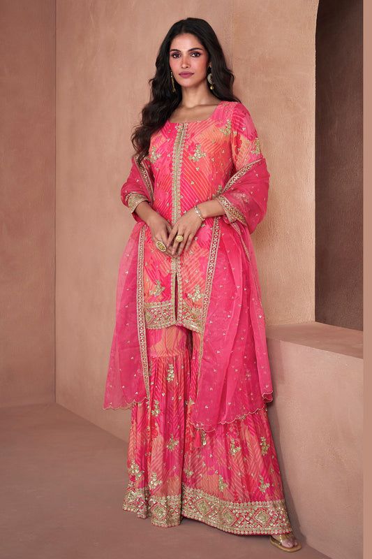 Pink Georgette Chinon Sharara Suit for the Festival - Print Work, Thread Embroidery Work