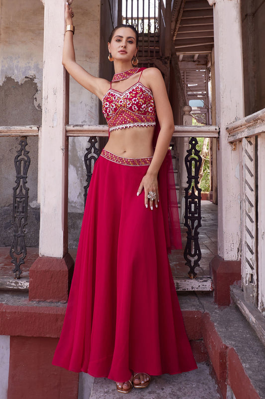 Pink Georgette Lehenga Choli For Indian Festivals & Weddings - Thread Embroidery Work, Hand Embellishment, Mirror Work