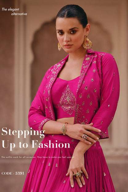Pink Chinon Silk Lehenga Choli with Koti For Indian Festivals & Pakistani Weddings - Embroidery Work