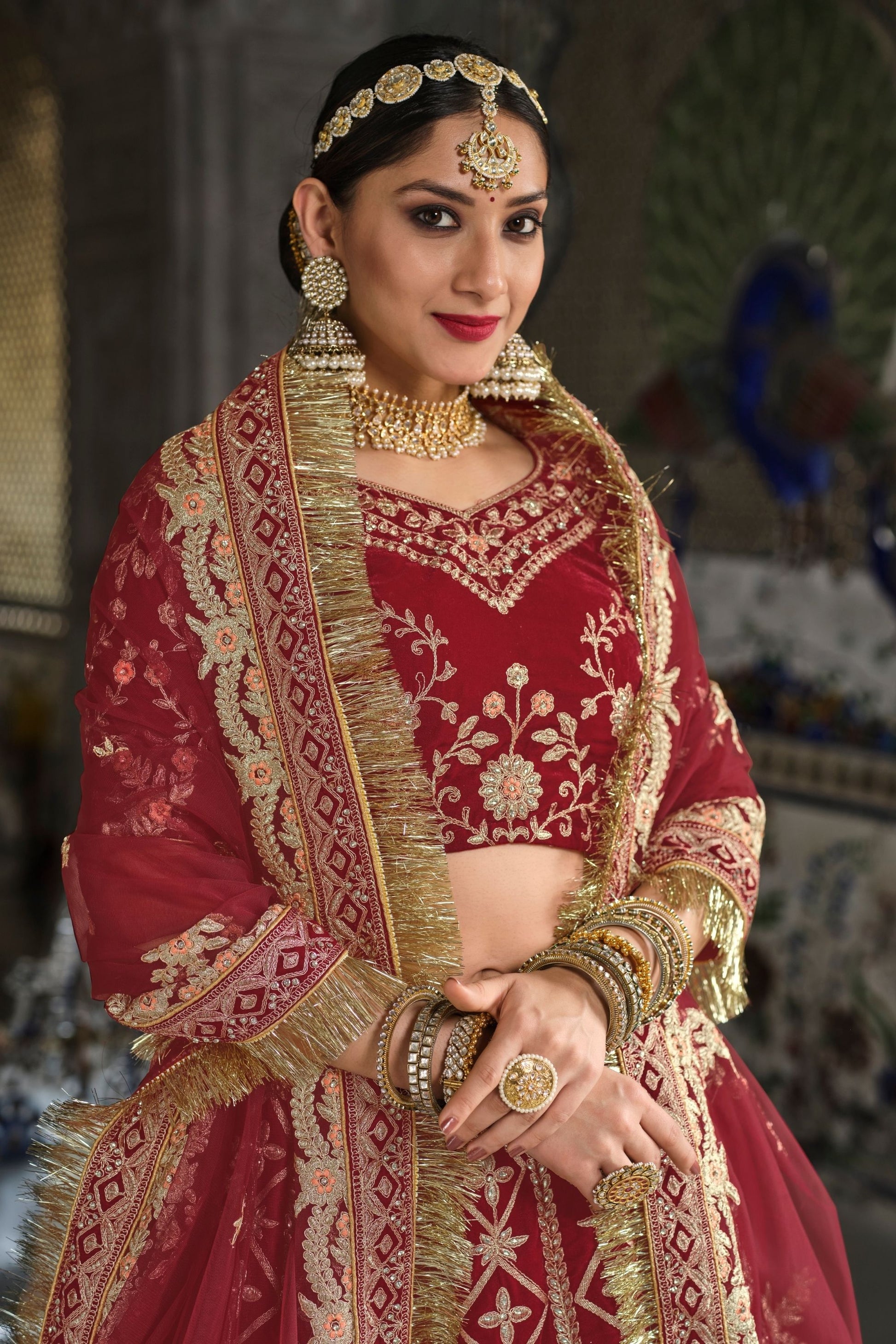 Maroon Pakistani Velvet Bridal Lehenga Choli For Indian Festivals & Weddings - Thread Embroidery Work, Zarkan Work