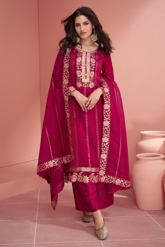 Red Silk Salwar Kameez Suit For Indian Festivals & Pakistani Weddings - Thread Embroidery Work