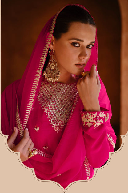 Red Chinon Silk Salwar Kameez For Indian Suit Festivals & Pakistani Weddings - Embroidery Work