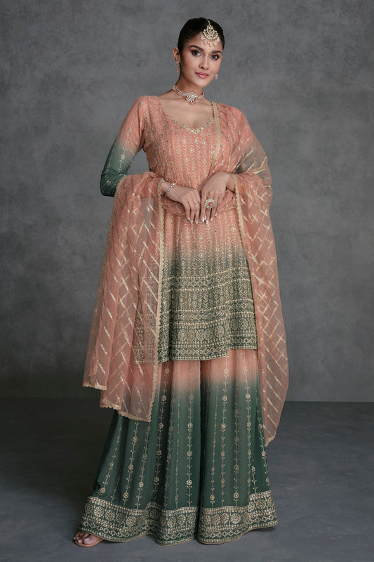 Orange Georgette Dual Tone Plazo Suit For Indian Festivals & Pakistani Weddings - Embroidery Work