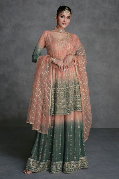 Orange Georgette Dual Tone Plazo Suit For Indian Festivals & Pakistani Weddings - Embroidery Work