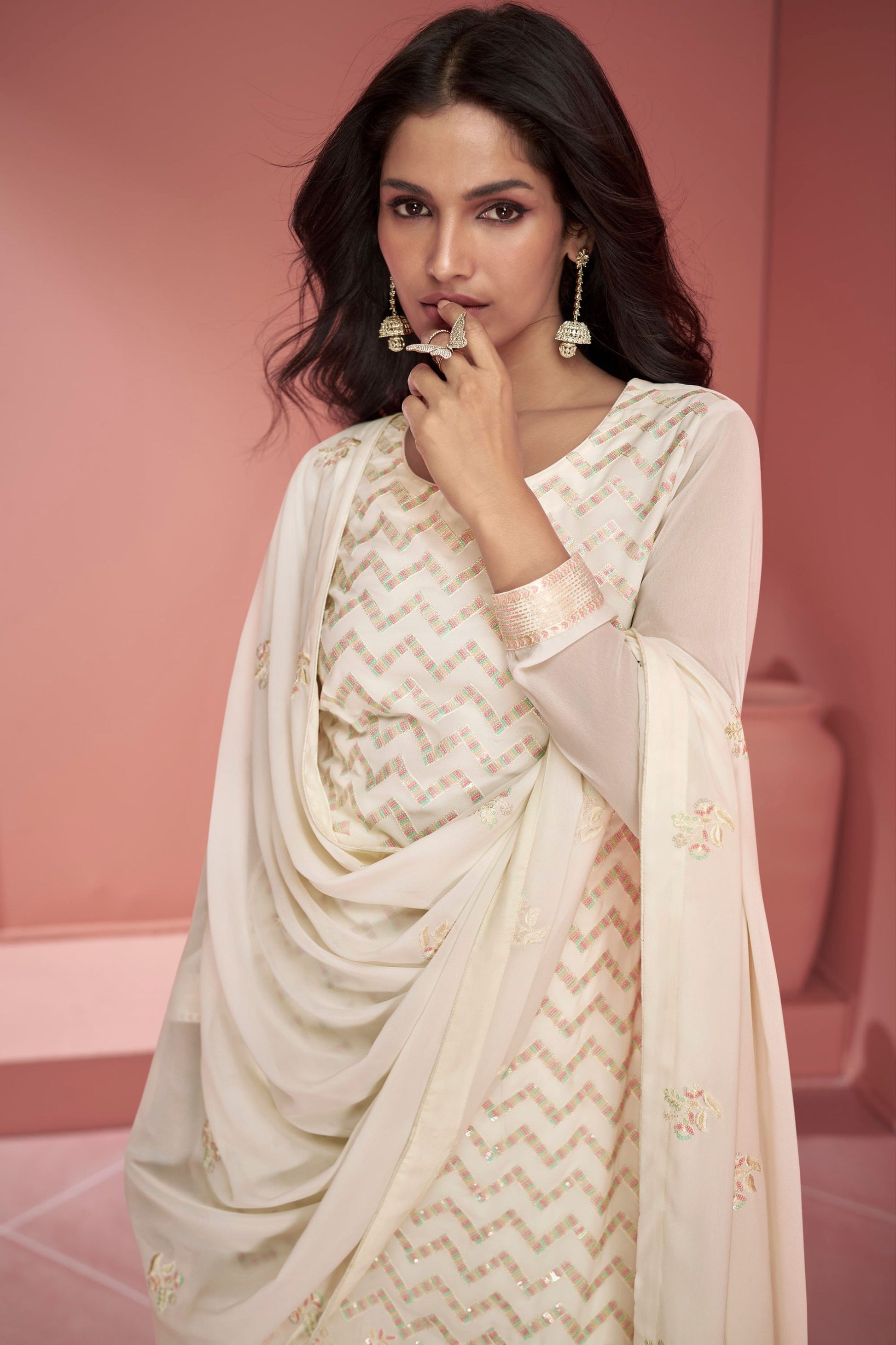 Cream Georgette Plazo Suit For Indian Festivals & Weddings - Thread Embroidery Work