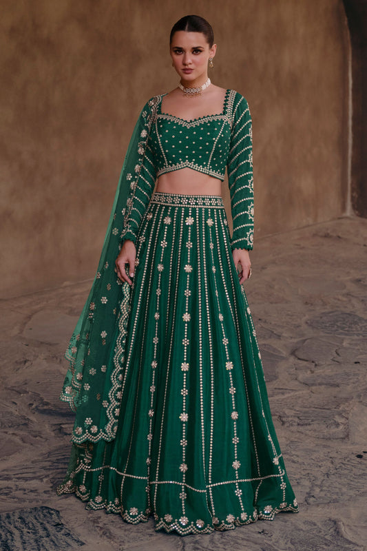 Green Chinon Silk Lehenga Choli For Indian Festivals & Weddings - Embroidery Work