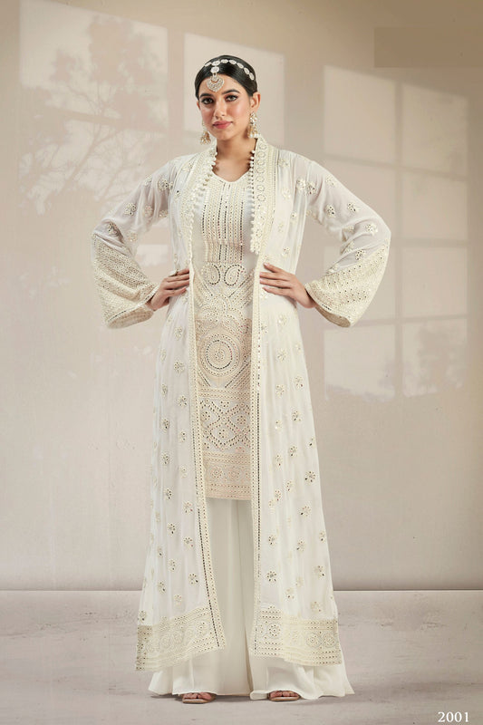 White Georgette Palazzo Suit With Koti Jacket For Indian Festivals & Weddings - Resham Embroidery Work, Mirror Work