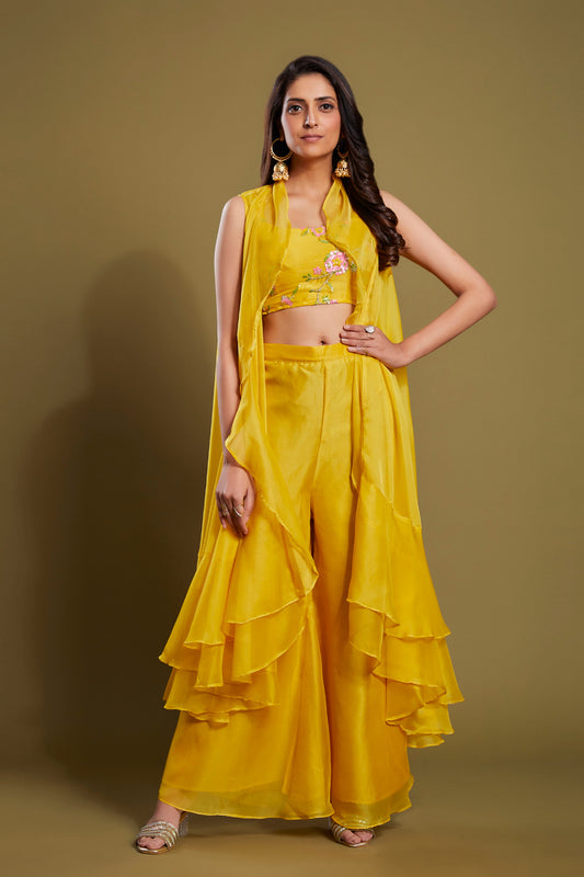 Yellow Pakistani Organza Plazo Suit For Indian Festivals & Weddings - Sequence Embroidery Work, Thread Work