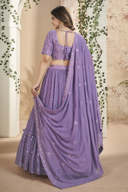 Purple Georgette Ruffle Lehenga Choli 9 Meter Flair For Indian Festivals & Weddings - Sequence Embroidery Work, Thread Embroidery Work,