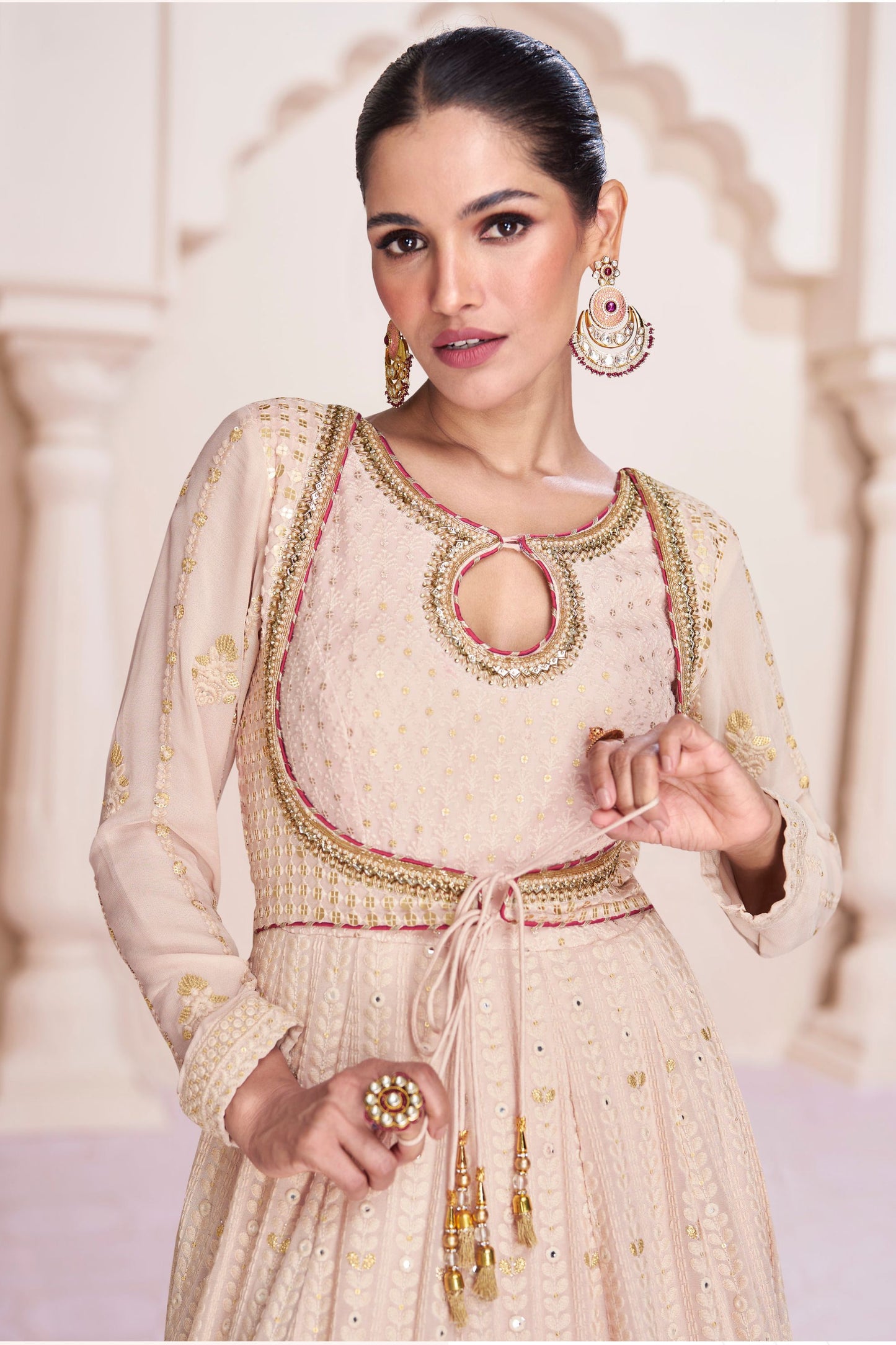 Cream Georgette Full Floor Length Anarkali Gown For Indian Festivals & Weddings - Embroidery Work
