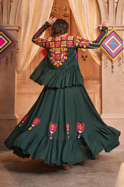 Green Rayon Chaniya Choli For Navratri Garba Festival 6 Meter Flair - Thread Embroidery Work, Mirror Work