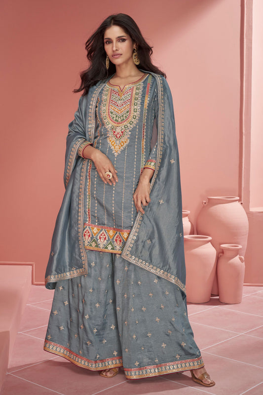 Gray Organza Silk Plazo Suit For Indian Festivals & Pakistani Weddings - Embroidery Work
