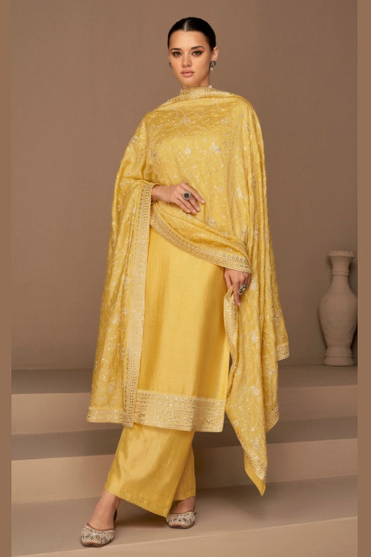 Yellow Pakistani Silk Salwar Kameez For Indian Festivals & Weddings - Thread Embroidery Work,