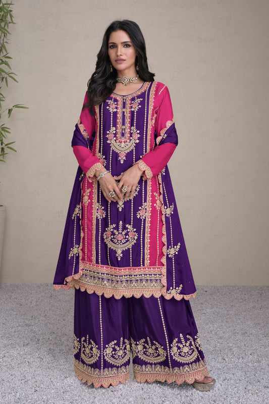 Purple Chinon Plazo Suits For Indian Festivals & Pakistani Weddings - Embroidery Work