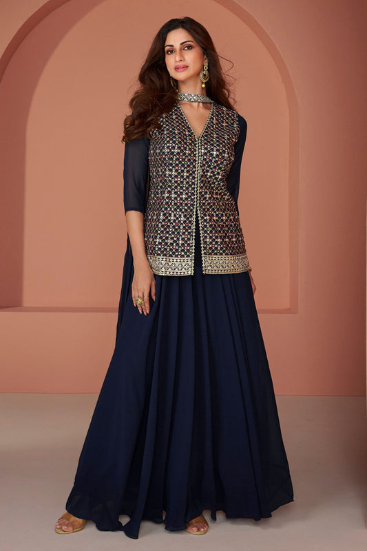 Navy Blue Georgette Plazo Suit For Indian Festivals & Pakistani Weddings - Embroidery Work