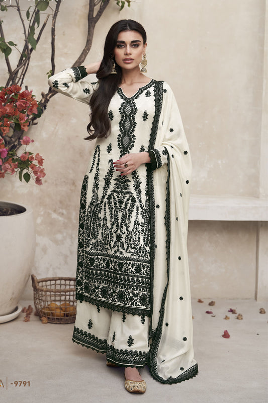 Cream Chinon Silk Pakistani Salwar Kameez For Indian Festivals & Weddings - Thread Embroidery Work