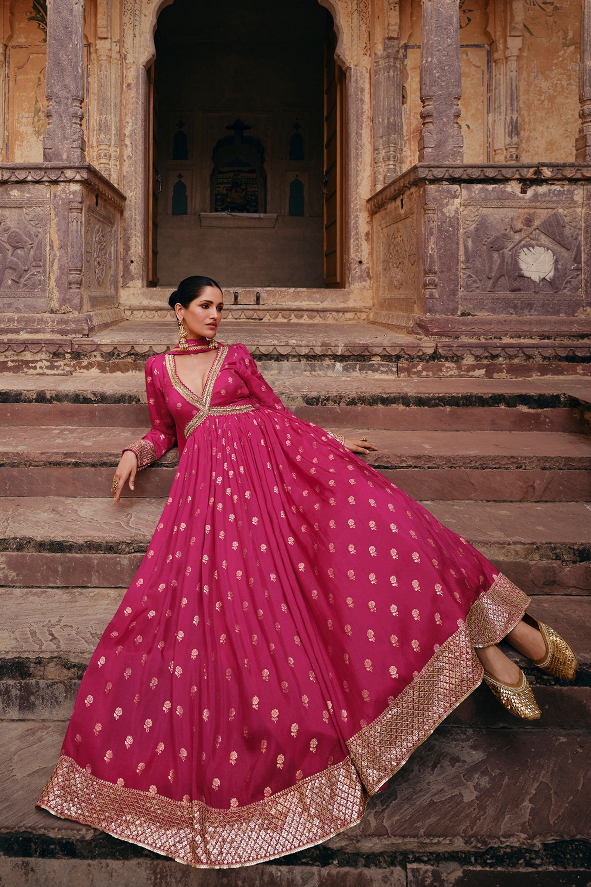 Pink Viscose Silk Jacquard Floor Full Length Anarkali Gown For Indian Festivals & Weddings - Embroidery Work