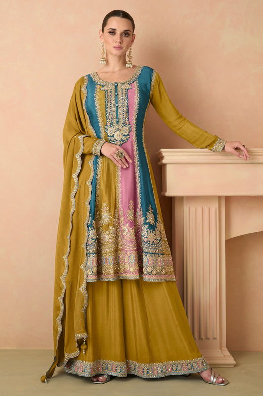 Multicolor Chinon Silk Plazo Suits For Pakistani Festivals & Indian Weddings - Embroidery Work