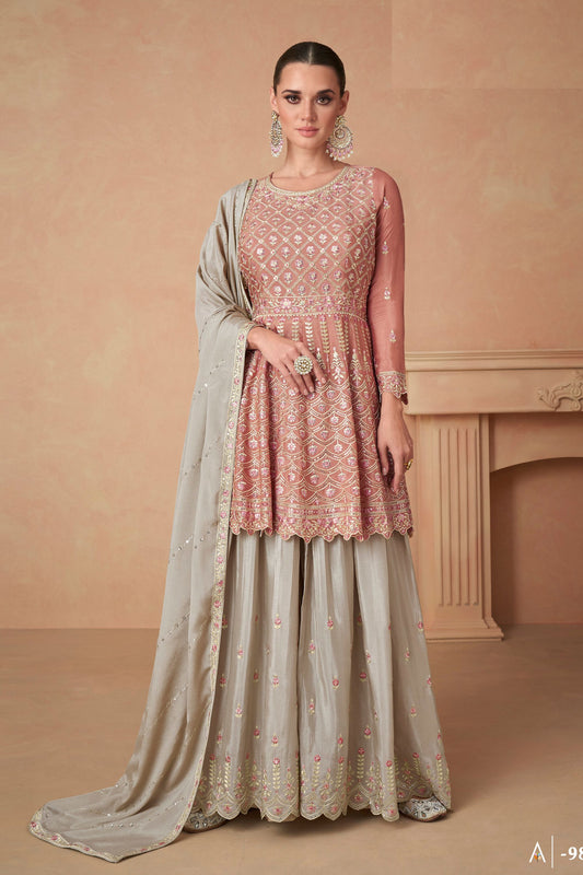 Baby Pink Pakistani Chinon Silk Plazo Suit For Indian Festivals & Weddings - Thread Embroidery Work