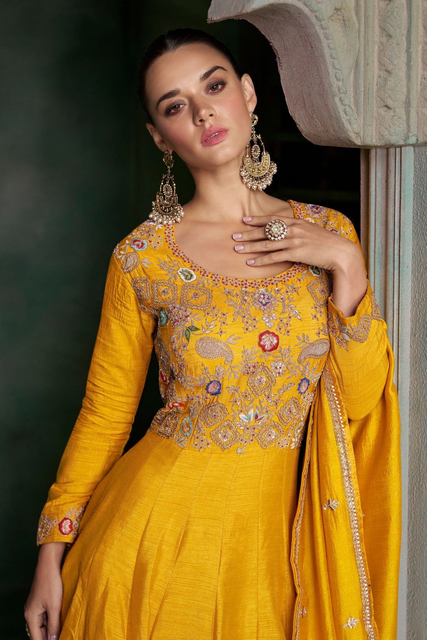 Mustard Silk Floor Full Length Anarkali Gown For Indian Festivals & Weddings - Embroidery Work
