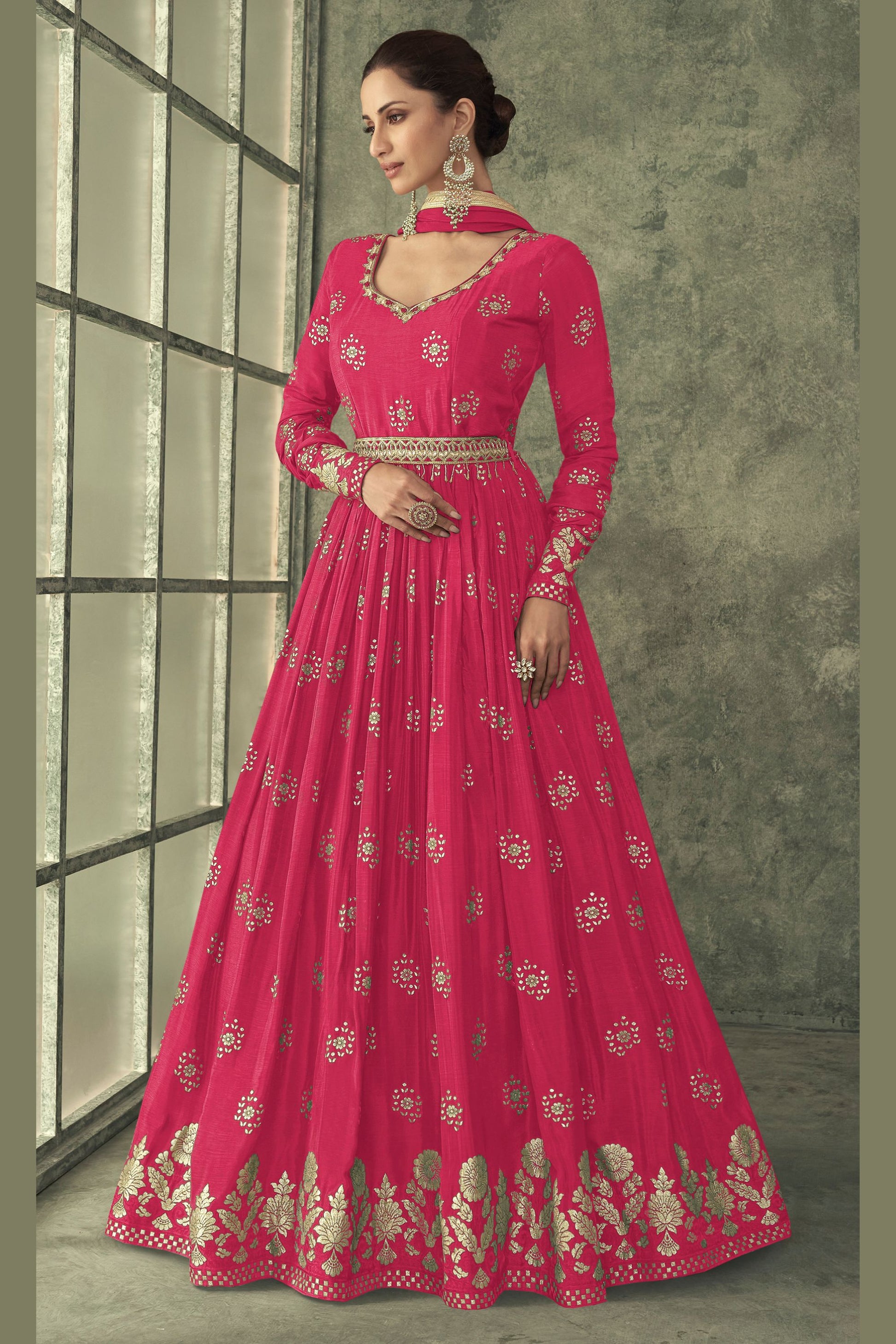 Green Viscose Silk Jacquard Floor Full Length Anarkali Gown For Indian Festivals & Weddings - Embroidery Work