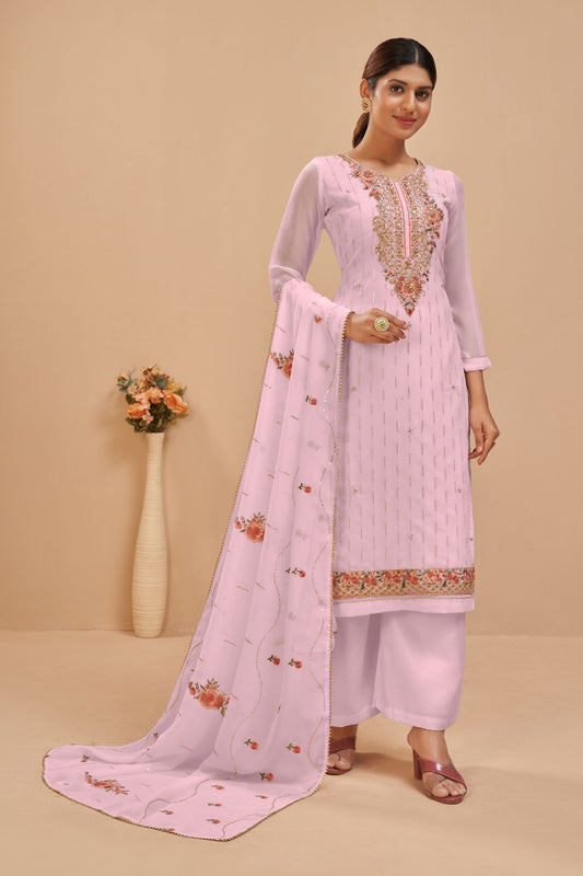 Light Pink Georgette Plus Size Salwar Kameez Upto 7XL - 54 size For Indian Festivals & Weddings - Sequence Embroidery Work, Thread Embroidery Work, Khatli Work, Zari Work