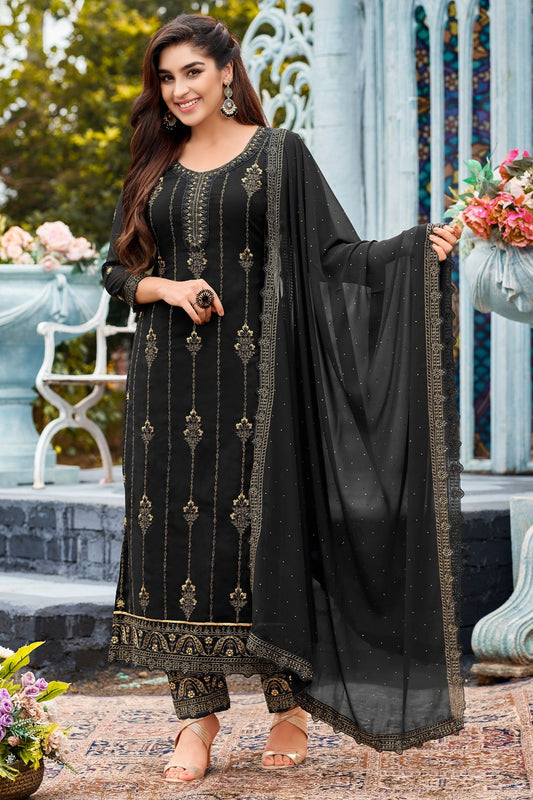 Black Georgette Pakistani Salwar Kameez For Indian Festivals & Weddings - Thread Embroidery Work