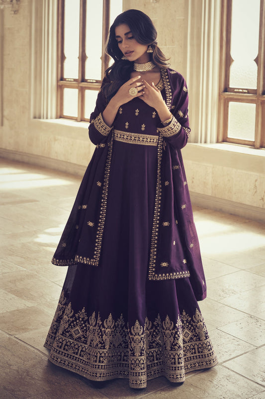 Purple Pakistani Silk Anarkali Gown Suit For Indian Festivals & Weddings - Thread Embroidery Work,