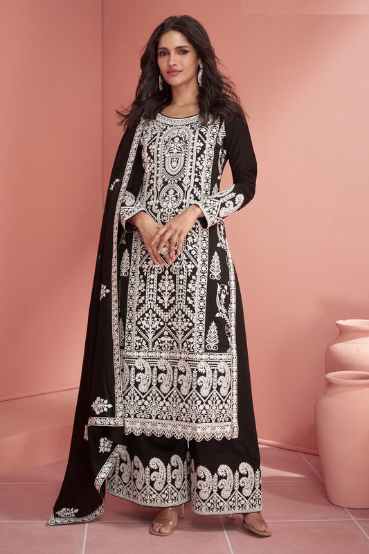 Black Silk Plazo Suit For Indian Wedding & Pakitani Festival - Embroidery Work