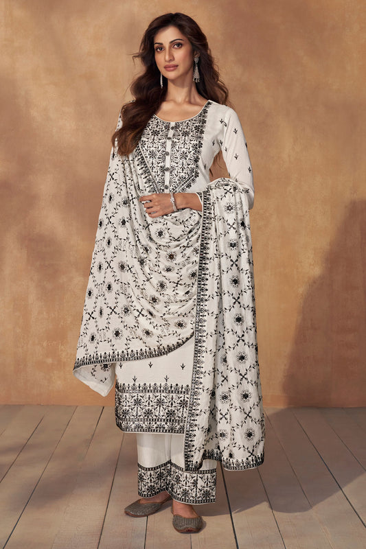 White Silk Salwar Kameez Suit For Indian Festivals & Pakistani Weddings - Embroidery Work