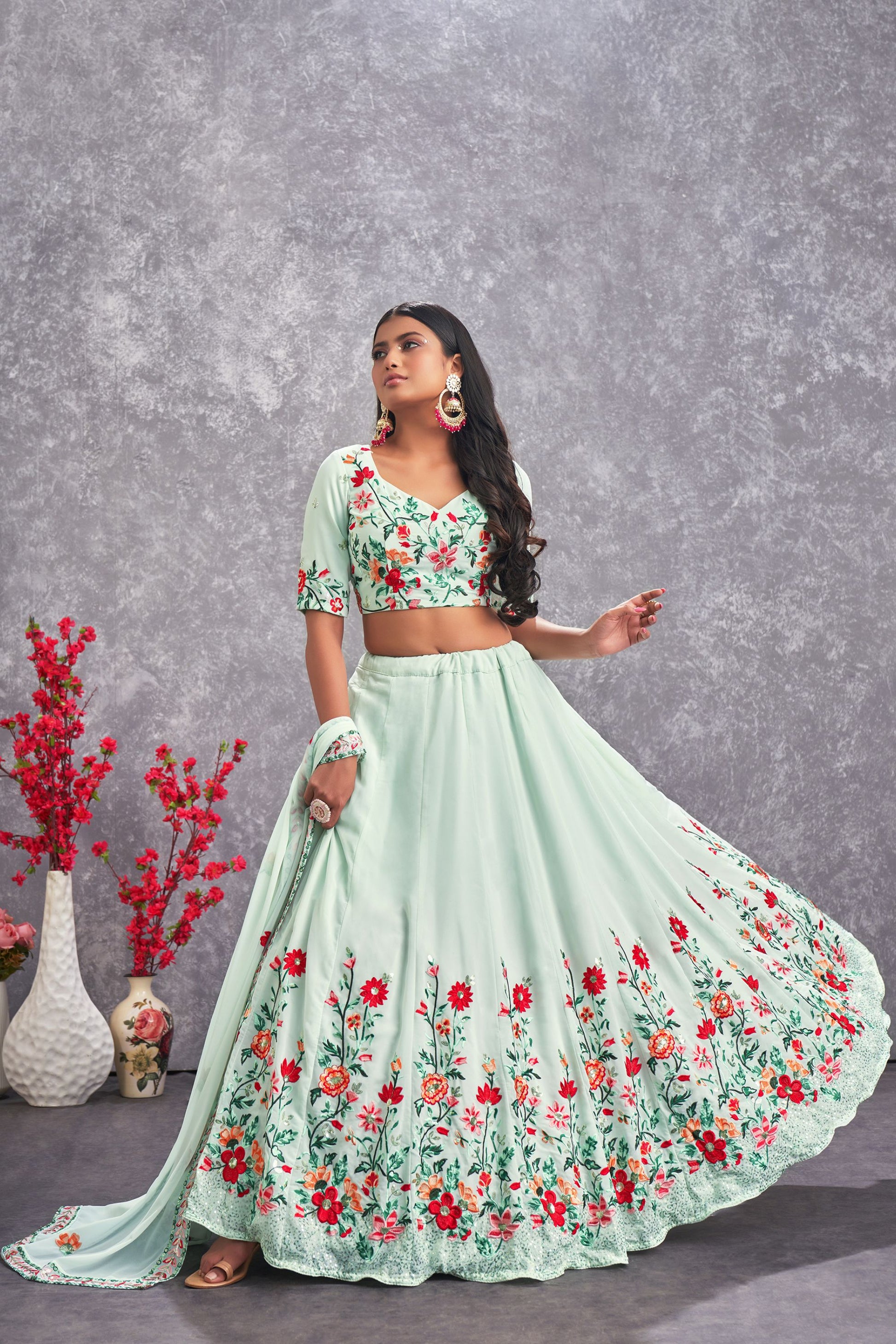 Green Georgette Floral Embroidery Lehenga Choli For Indian Festivals & Weddings - Sequence Embroidery Work, Thread Embroidery Work, Mirror Work