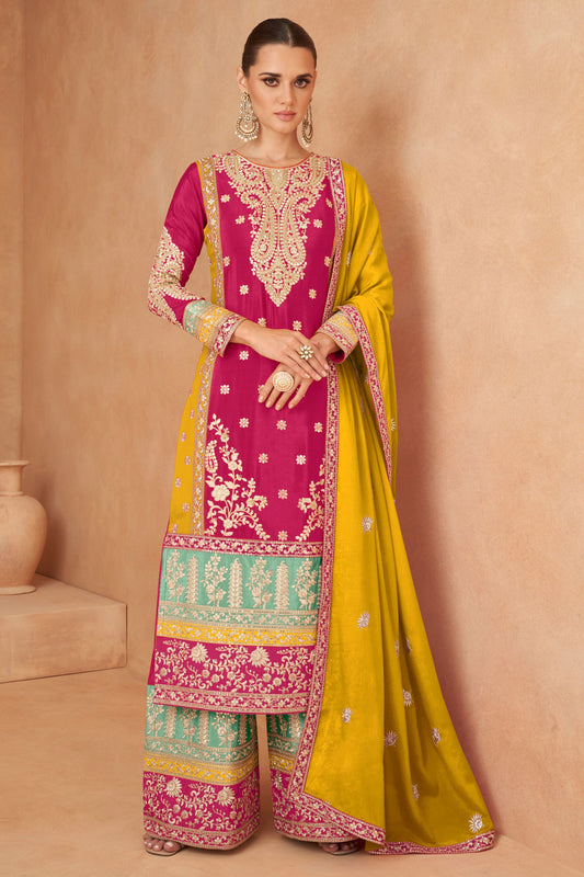 Pink Chinon Plazo Suits For Pakistani Festivals & Indian Wedding - Embroidery Work
