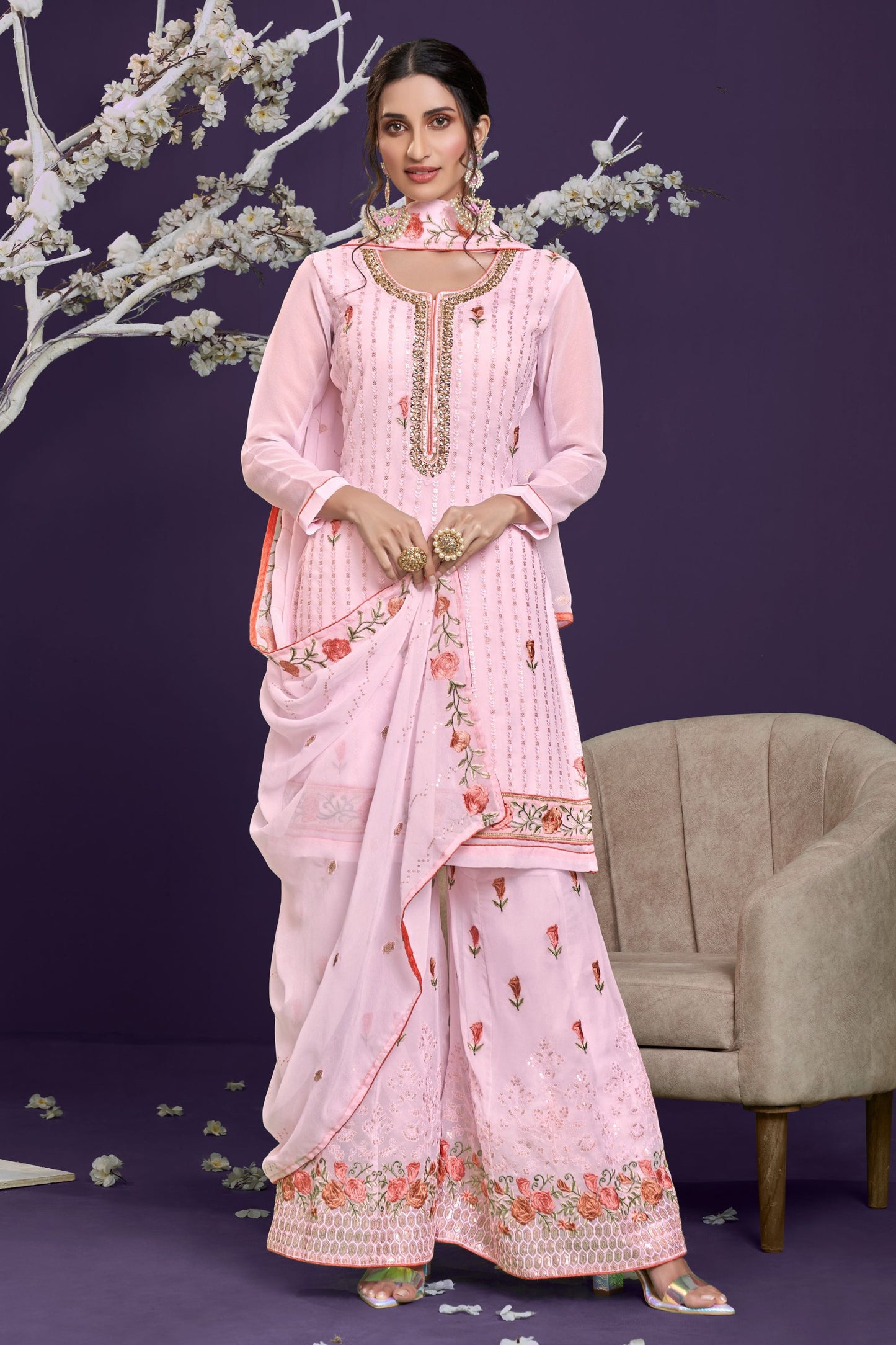 Pink Georgette Sharara For Indian Festivals & Weddings - Thread Embroidery Work, Zari Work, Khatli Work, Sequence Embroidery Work