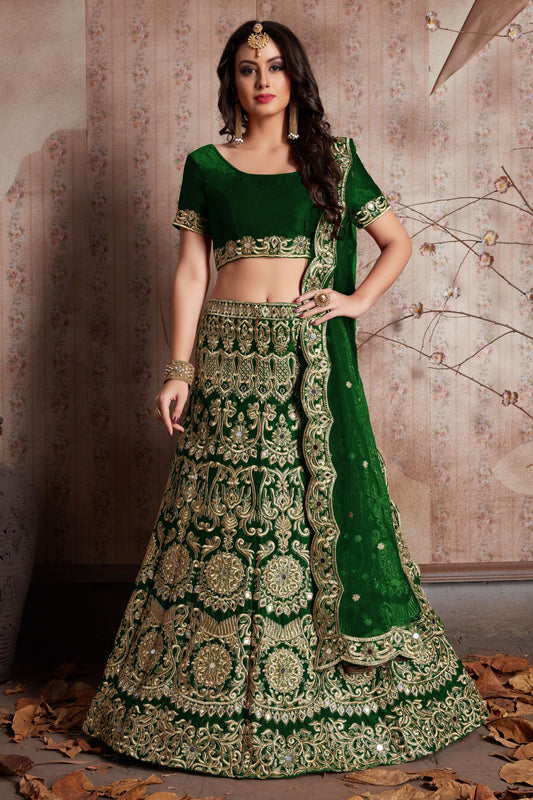 Green Velvet Silk Lehenga Choli For Indian Festival & Weddings - Sequence Embroidery Work, Mirror Work, Zari Work