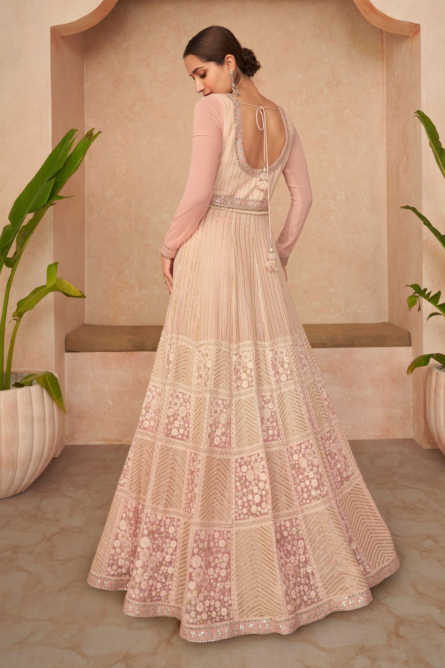 Cream Georgette Floor Full Length Anarkali Gown For Indian Festivals & Weddings - Embroidery Work