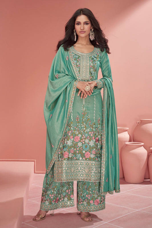 Green Organza Simar Silk Salwar Kameez For Indian Festivals & Weddings - Embroidery Work,