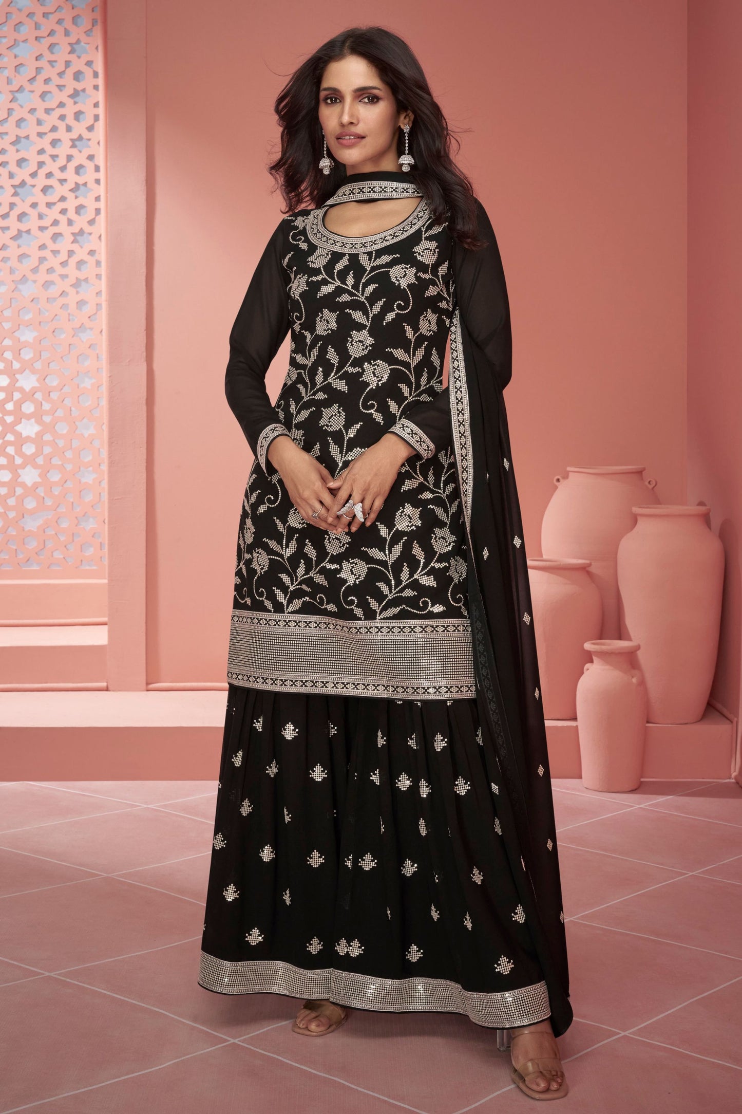 Black Georgette Plazo Suit For Indian Festivals & Weddings - Thread Embroidery Work